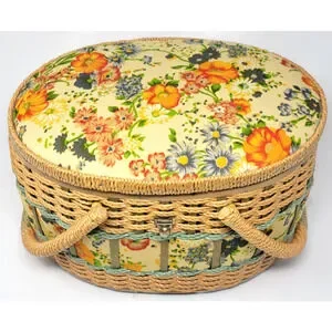 Vintage Sewing / Picnic Basket W Clear Tray - Oval Wicker Floral Tapestry Lined