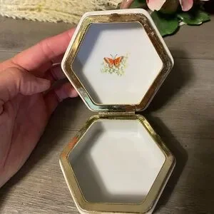 Vintage Shafford Japan Porcelain Butterfly Hexagonal Trinket Box