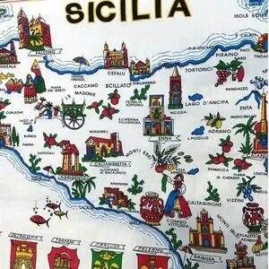 Vintage Sicilia Cotton Tea Towel Souvenir Wall Hang Map Landmark Tapestry Italy