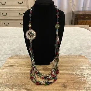 Vintage Silver Multicolored Beaded Multi Layer Strand Native American Necklace