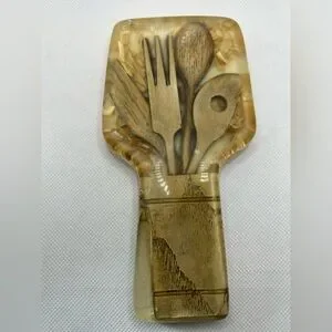 Vintage Spoon Rest Lucite Acrylic Resin Brown Utensil Holder Boho Cottagecore 6”