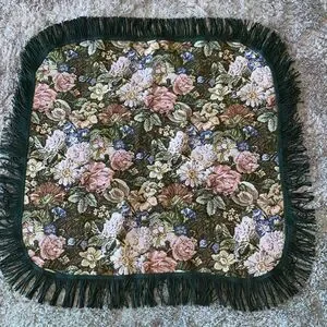 Vintage Square Floral Tapestry Table Doily Green Multi With Twisted Rope Fringe