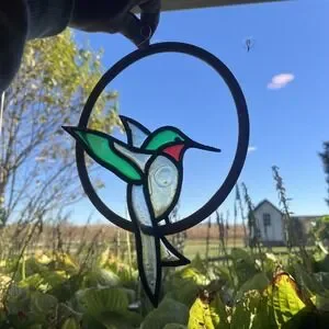 Vintage Stained Glass Hummingbird On Perch Hanging Window Suncatcher 10" Copper