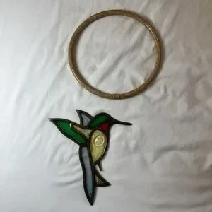 Vintage Stained Glass Hummingbird On Perch Hanging Window Suncatcher 10" Copper