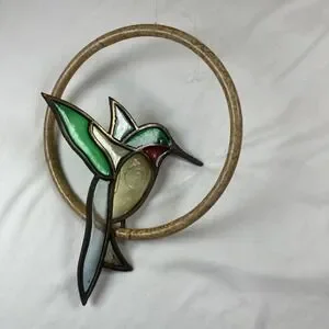 Vintage Stained Glass Hummingbird On Perch Hanging Window Suncatcher 10" Copper