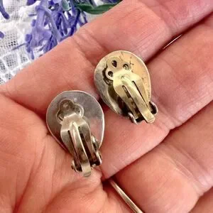 Vintage Sterling & Turquoise Bear Paw Shadowbox Clip Earrings