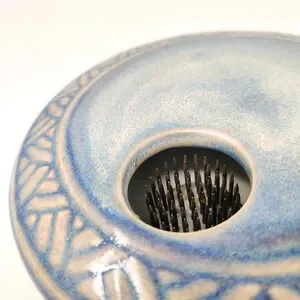 Vintage Studio Pottery Round Ikebana Vase W Flower Frog Blue Glaze Modern Signed