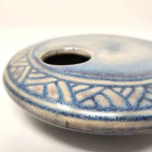 Vintage Studio Pottery Round Ikebana Vase W Flower Frog Blue Glaze Modern Signed