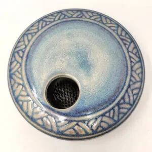Vintage Studio Pottery Round Ikebana Vase W Flower Frog Blue Glaze Modern Signed