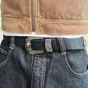 Vintage Style Black American Western Floral Silver Boho Belt