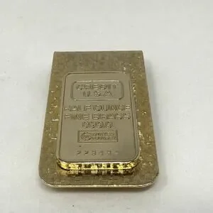 Vintage Swank Gold Tone Money Clip - Credit USA Half Ounce Fine Brass 999.9