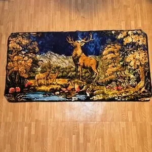 Vintage Tapestry Rug Wall Hanging Deer Stag Forest Scene Woodland Cabin Decor