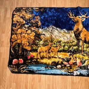 Vintage Tapestry Rug Wall Hanging Deer Stag Forest Scene Woodland Cabin Decor