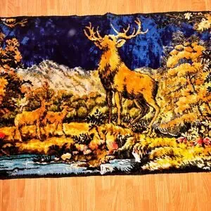 Vintage Tapestry Rug Wall Hanging Deer Stag Forest Scene Woodland Cabin Decor