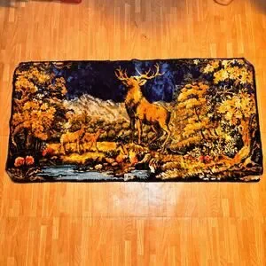 Vintage Tapestry Rug Wall Hanging Deer Stag Forest Scene Woodland Cabin Decor