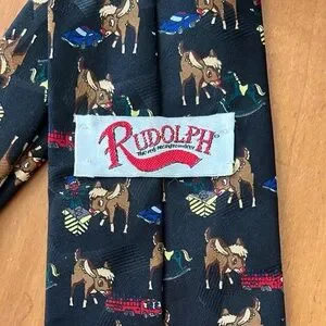 VINTAGE THE RUDOLPH CO. Christmas Holiday Party Tie W Reindeer & Elves One Size