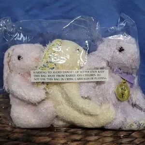 Vintage Thomas Kincade Plush Rabbits Bunny Metal Medallion Nwt Easter Sealed 3