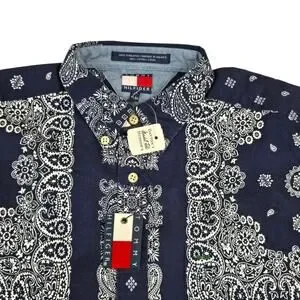 Vintage Tommy Hilfiger Button Down Shirt Paisley Boys XL Mens Small Blue White