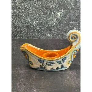 Vintage Veneto Flair Candlestick Signed 1976 Italian Ceramic Scroll Design
