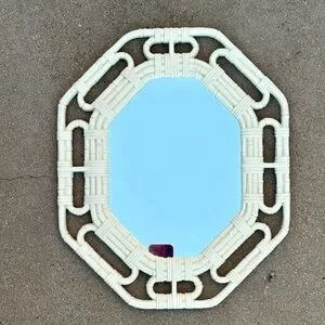 Vintage white homco faux bamboo raffia mirror oval wall hanging home decor