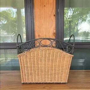 Vintage Wicker And Metal Magazine Rack