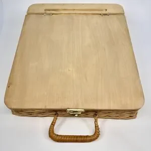 Vintage Wicker Basket & Wood Top Portable Lap Desk Storage Compartment Handle