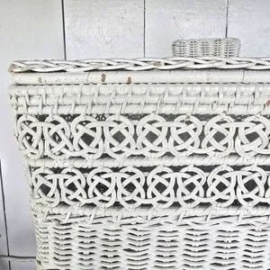 Vintage Wicker Hamper Set Maine Country Cottage White Basket Hamper Wastebasket