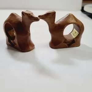 Vintage Wood Hand Carved Set of 2 Animal Napkin Holders Figures Camel