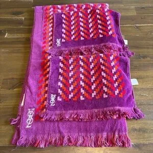 Vintage YSL Towel Set Chevron Abstract Geo Retro Bright Purple Red Orange Fringe