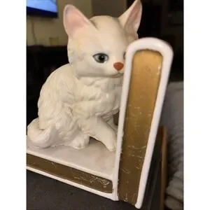 VTG 1960s Cat Bookends White Persian Fluffy Kitty Lefton Japan Ceramic Book Ends