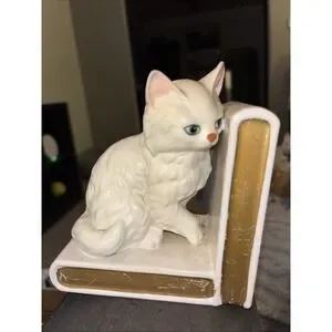VTG 1960s Cat Bookends White Persian Fluffy Kitty Lefton Japan Ceramic Book Ends
