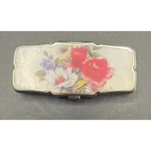 vtg 20th century Rare floral Pearlescent enamel metal pill box 3 compartment