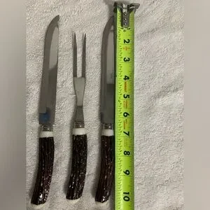 VTG 60'S 3 Piece NEVCO CARVING KNIVES & FORK FAUX STAG HORN HANDLE JAPAN