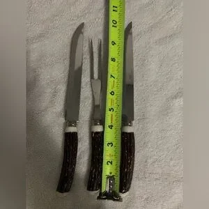 VTG 60'S 3 Piece NEVCO CARVING KNIVES & FORK FAUX STAG HORN HANDLE JAPAN
