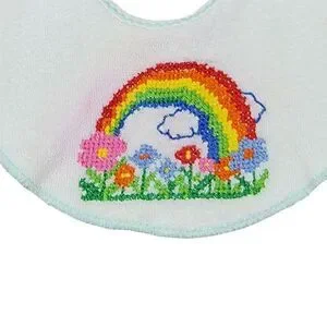 VTG 80s Cross Stitch Bib Rainbow Flowers Terry Cloth White Multi Baby Infant