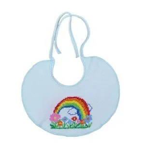 VTG 80s Cross Stitch Bib Rainbow Flowers‎ Terry Cloth White Multi Baby Infant