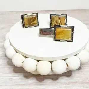 Vtg Amber Agate Stone Cufflinks & Tie Clip Silver Tone Black Enamel Frame MCM
