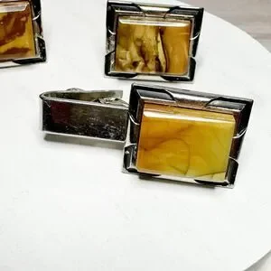 Vtg Amber Agate Stone Cufflinks & Tie Clip Silver Tone Black Enamel Frame MCM