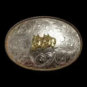 VTG Belt Buckle German Silver Montana Silversmiths Double Horse Heads Western