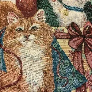VTG Christmas Curious Cats Throw Pillow Woven Tapestry Jingle Bell Border 15x15