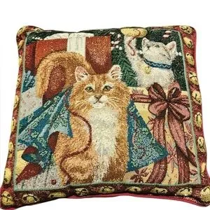 VTG Christmas Curious Cats Throw Pillow Woven Tapestry Jingle Bell Border 15x15