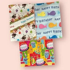 Vtg GIFT WRAP FOLDED PAPER SHEETS Wrapping Kids Birthday Animals 90s Y2K Funny
