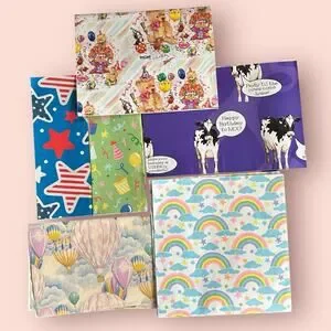 Vtg GIFT WRAP FOLDED PAPER SHEETS Wrapping Kids Birthday Animals 90s Y2K Funny