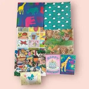 Vtg GIFT WRAP FOLDED PAPER SHEETS Wrapping Kids Birthday Animals 90s Y2K Funny