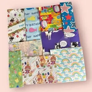 Vtg GIFT WRAP FOLDED PAPER SHEETS Wrapping Kids Birthday Animals 90s Y2K Funny