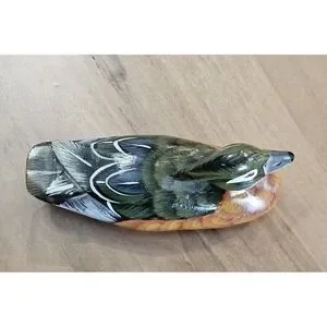 Vtg Hand Carved Hand Painted Wooden Rustic Wood Duck Shelf Sitter Cabin Decor