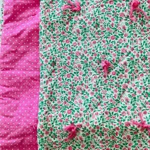 Vtg Hand Made Quilted Throw Pink & Green Floral Bows Reversible COTTAGECORE