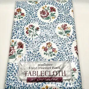 VTG HomeTrends Vinyl Tablecloth Flannel Back 52”x70” Oblong Blue Leaf Floral NEW