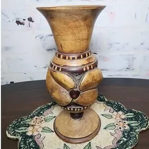 VTG Lathe Turned Wood Vase on Pedestal Stand - Rustic Farmhouse Floral Decor