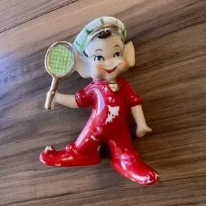 Vtg MCM ceramic Pixie Elf Tennis Player Figurine Made in Japan